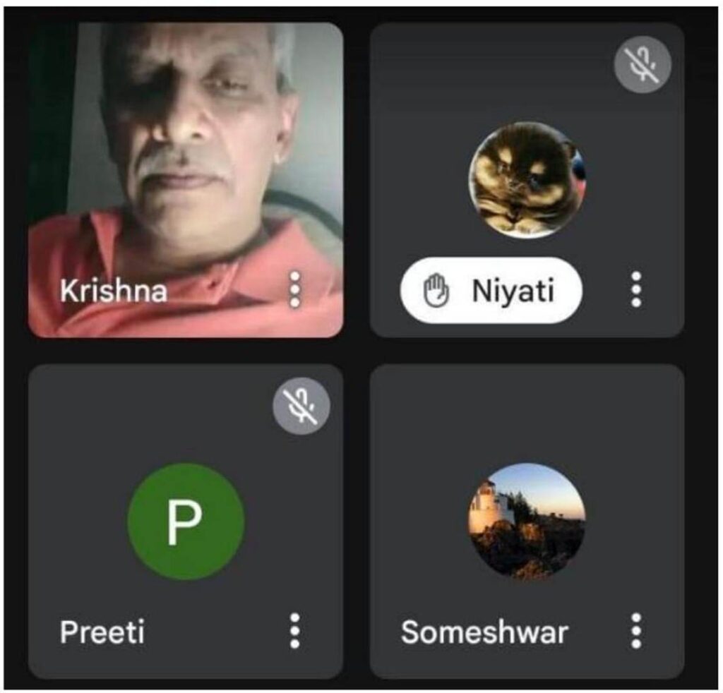 A screenshot of a video call showing four participants. One participant's video is on, while the others show profile pictures or icons, indicating an online meeting on sensatization workshops