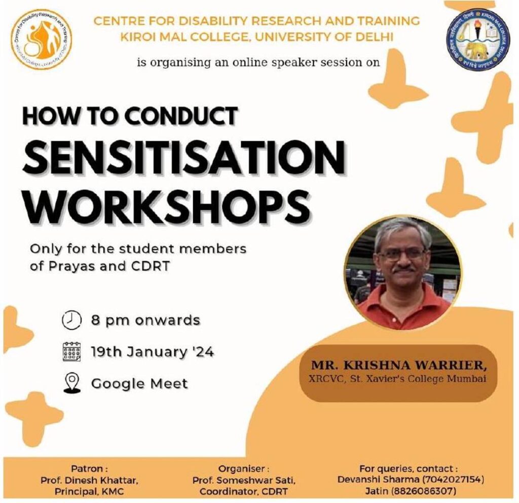 A poster advertises an online speaker session on "How to Conduct Sensitisation Workshops" by Mr. Krishna Warrier, organized by Centre for Disability Research and Training. It is scheduled for January 19, 2024, at 8 PM on Google Meet, for Prayas and CDRT members