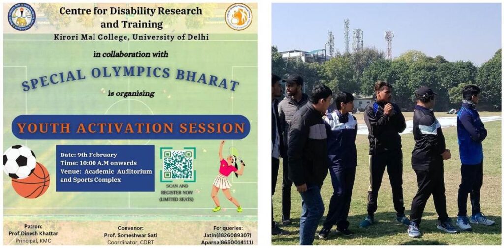 A split image shows a poster on the left and a group of young men on a field on the right. The poster advertises a "Youth Activation Session" by Special Olympics Bharat at Kirori Mal College on Feb 9th.