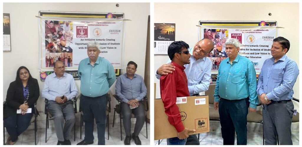 A split image showing two scenes: on the left, a group of five adults are seated in front of a banner; on the right, a visually impaired man in a red shirt receives a laptop.