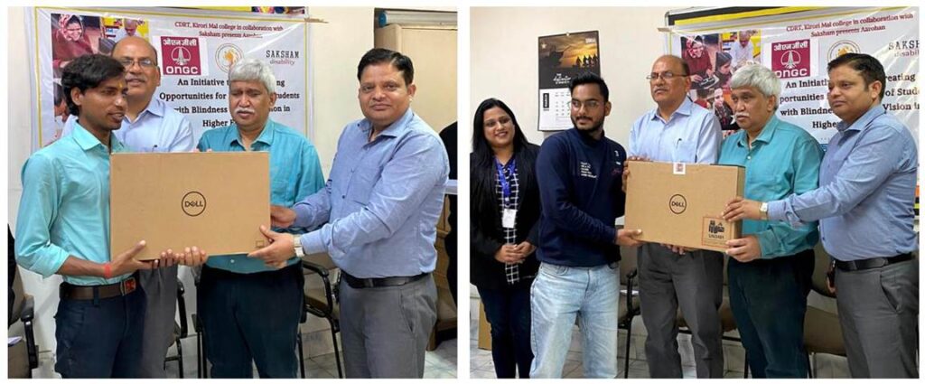 A split image showing two scenes: in both, young men are receiving Dell laptops from a group of older men in front of a banner about "Opportunities for Students with Blindness."