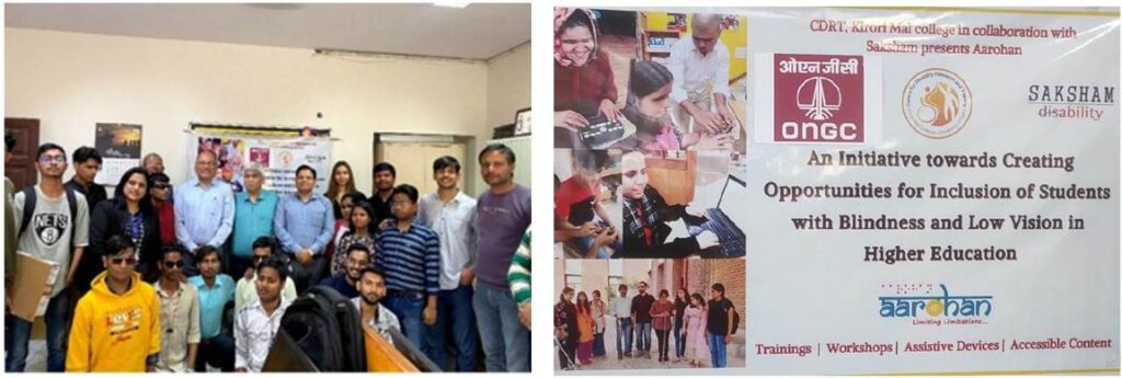 A split image features a large group of young adults and a few older men posing for a photo on the left. The right side displays a banner about an initiative for inclusion of visually impaired students