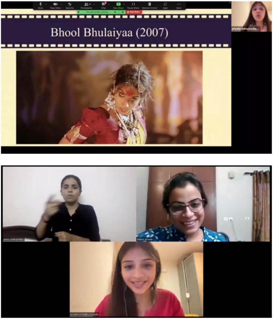 A screenshot of an online presentation about "Bhool Bhulaiyaa (2007)" featuring a movie still and three video call participants, including an ISL interpreter, suggesting an accessible session.