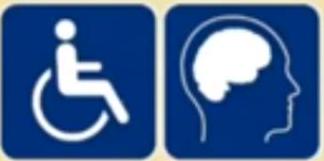 This image features two blue and white icons: one depicting a person in a wheelchair for physical accessibility, and another showing a human head with a brain, representing mental or cognitive accessibility.