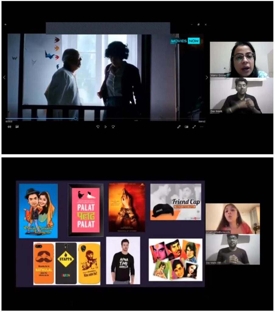 A two-part image showing online presentations. The top part shows a movie playing with two video call participants, one an ISL interpreter. The bottom part displays movie-related merchandise with two more participants, again including an ISL interpreter.